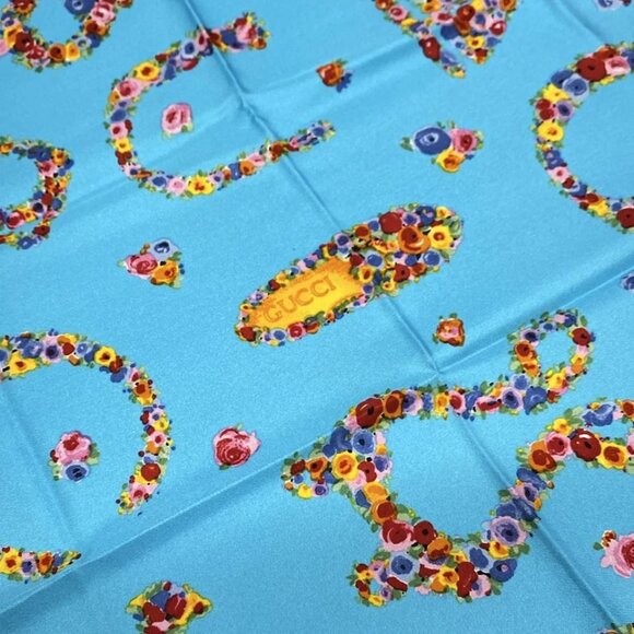 GUCCI - Light Blue Red Multi Scarf 142-071325 - Picture 3 of 4